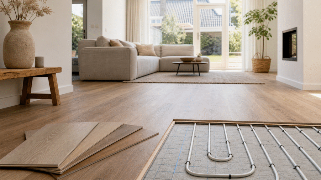 Vloerstalen in een gerenoveerde woonkamer met vloerverwarming